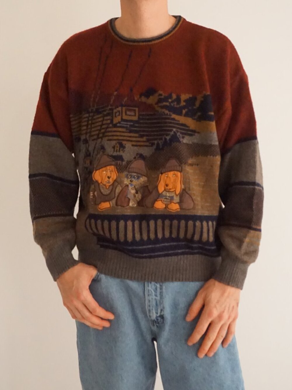 Vintage Hound Dogs Rust Grey Embroidered Three Anglers Scenic Knit Sweater XL